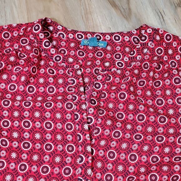 🔺️Anthropologie Fleur Bleue Red & Blue Print Popover 3/4 Sleeve Top Medium - Picture 3 of 11